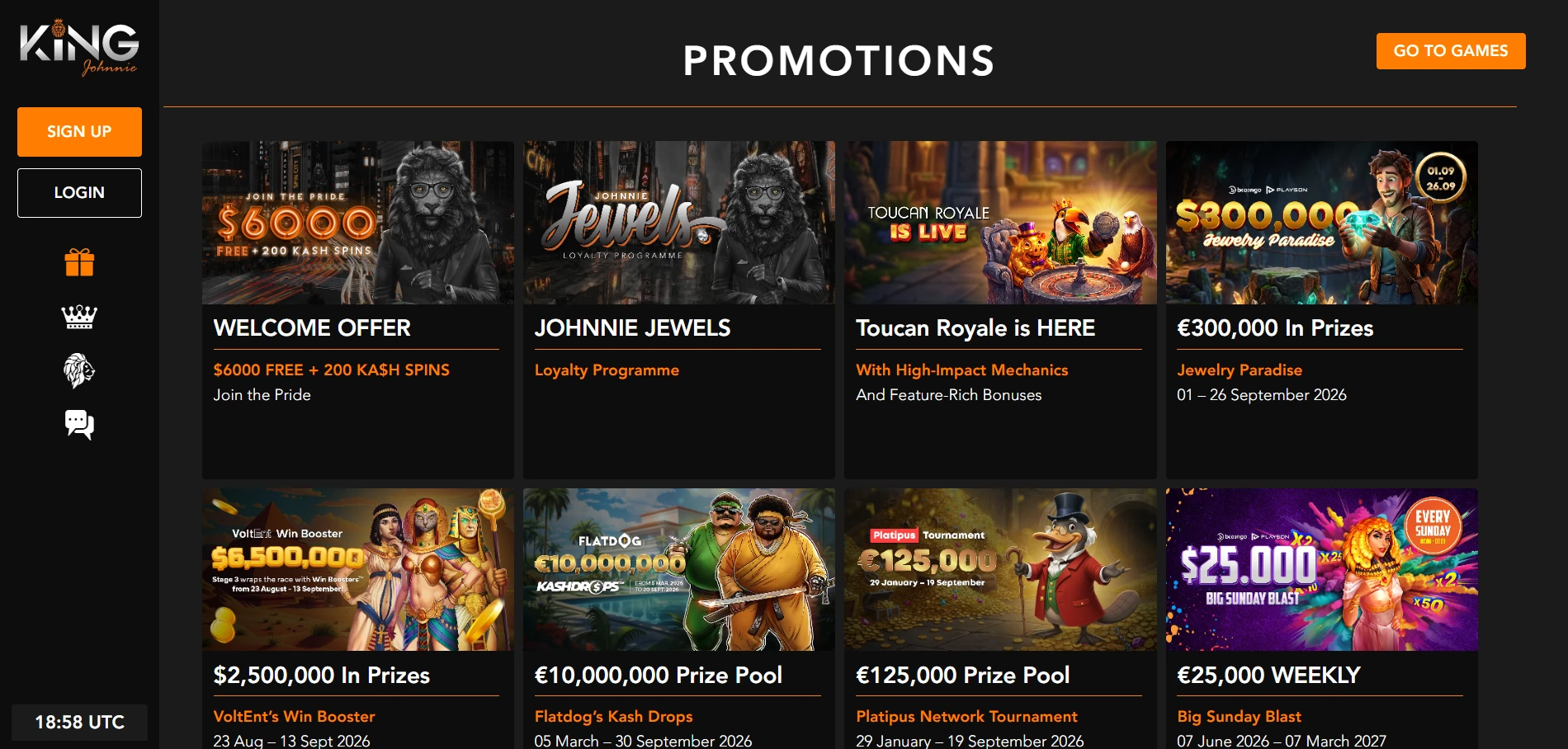 King Johnnie Casino bonus section