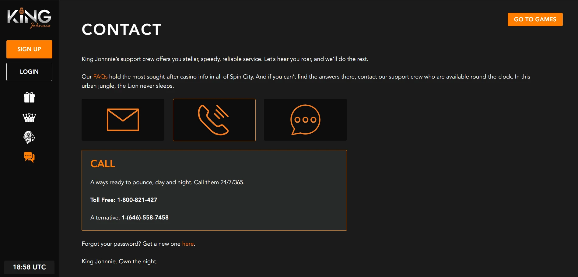 King Johnnie Casino live chat support